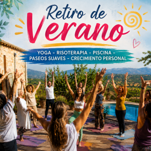 Grupo de participantes realizando una dinámica de yoga al aire libre junto a la piscina durante el Retiro de Verano La Alegría de Vivir en Sierra Mariola (Alicante)