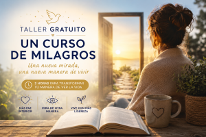 Mujer sosteniendo un libro abierto mientras cae confeti, una imagen que representa la alegría de llevar las enseñanzas de Un Curso de Milagros a la vida diaria y experimentar una nueva manera de vivir.