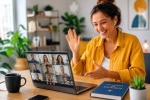 Mujer participando en un taller online por Zoom de Un Curso de Milagros.